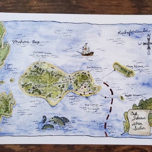 Kaart van Oak Island ‐ 5 x 7 inch kunstafdruk. Oak Island, kaart, schat, Nova Scotia, piratenschip, monster, oceaan