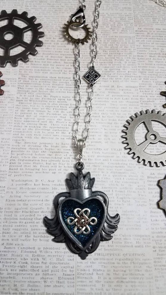 Steampunk Small Winged Heart Pendant Necklace With Celtic Knot and 