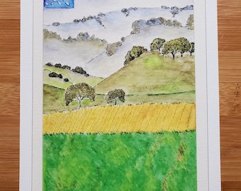 Postcard series: Snow Mustard Field, SuisunValley, 5" x 7" art print. Snow, mustard flowers, farm field, mountains, trees, watercolor print