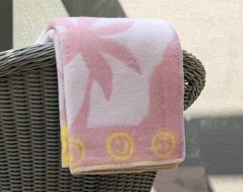 Handgemaakte Nieuw-Zeelandse wollen deken: plaid roze palm en smiley