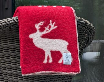 リバーシブルのトナカイ柄ウールブランケット | 本物のウールを使用