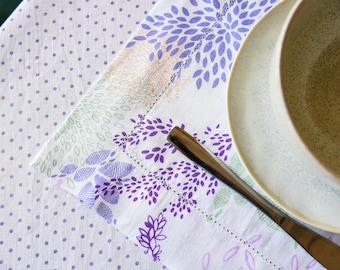 Handmade Linen Table Runner: Purple Floral Hemstitch, Eco-Friendly