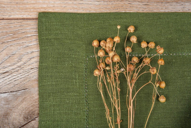 K&ouml;nnte beinhalten: Nahaufnahme einer gr&uuml;nen Leinen-Serviette mit einem Zweig getrockneter Blumen. Die Serviette ist einfarbig olivgr&uuml;n mit einer gen&auml;hten Bord&uuml;re. Die getrockneten Blumen sind hellbraun und haben kleine, runde Samenkapseln.