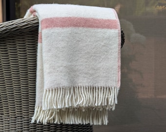 Handmade New Zealand Wool Blanket: White & Pink Throw