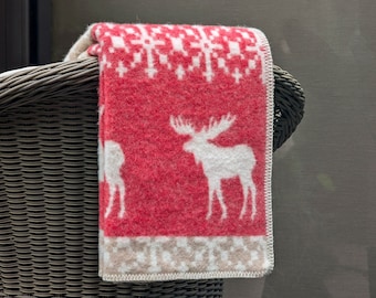Handmade Wool Blanket: Red Moose & Snowflake Throw