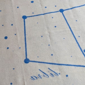 May include: A white throw blanket with a blue constellation design and the word "wobbly" written in cursive.