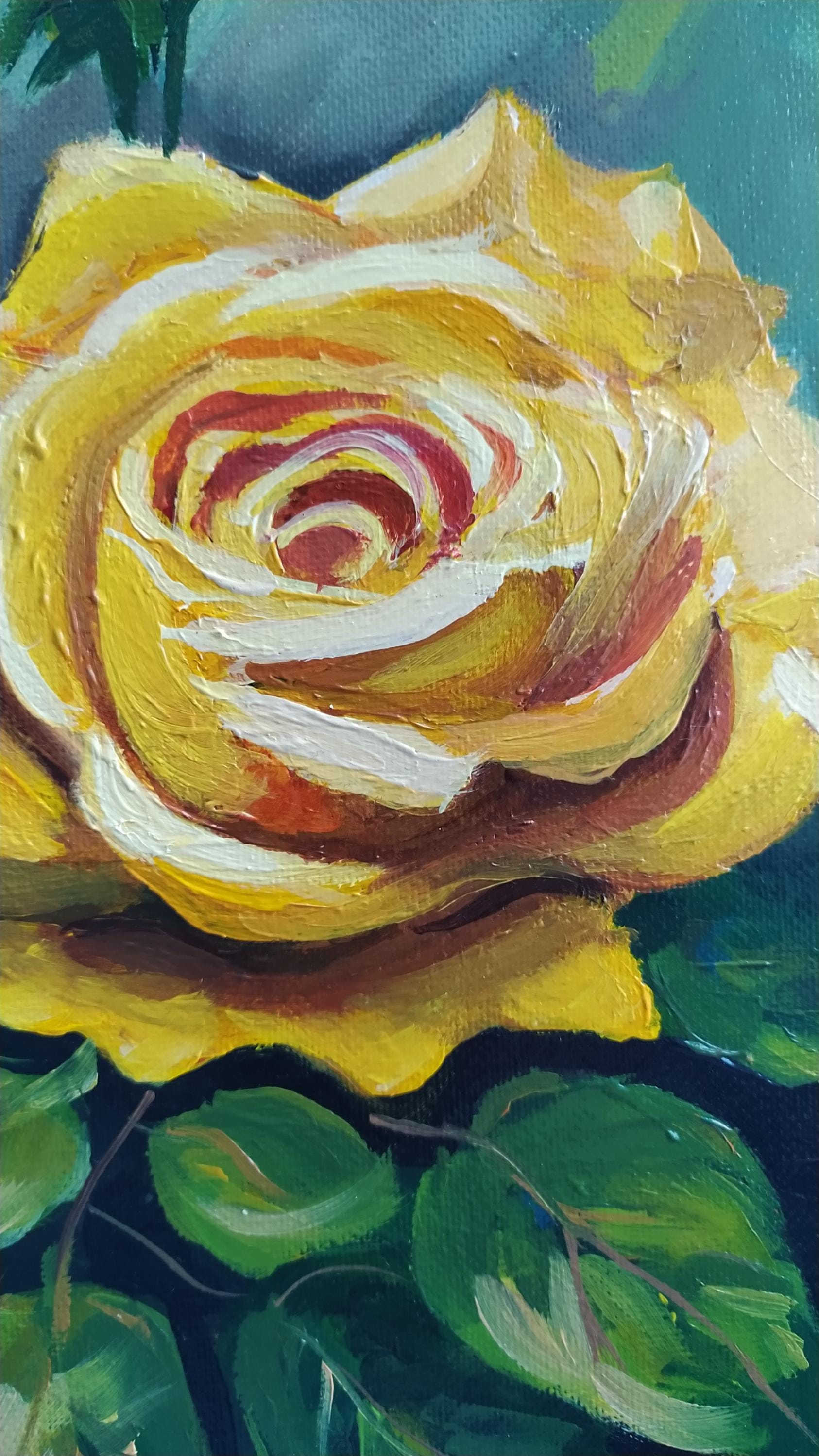 2 本のバラ、黄色いバラ、アクリル、絵画、キャンバス、花、花柄