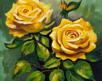 庭のバラ、オリジナルのアクリル画、花の絵画、ピンクの花、16x20の