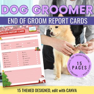 Tarjetas de calificaciones de fin de carrera de peluqueros caninos / 15 diseños de temporada / Formulario de spa para perros / Plantillas de peluquería canina / Formulario de salón de belleza canino / Negocio de peluquería canina