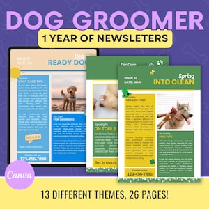 Dog Grooming Newsletter Templates: 12 Monthly Themes (Print or Email)