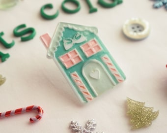 Christmas House Green Mint pink Acrylic Pin Brooch Badge