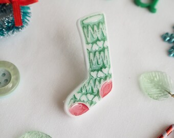 Zig Zag Stocking Green Red Acrylic Pin Brooch Badge