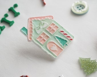 Christmas House Pink Green Mint Pink Acrylic Pin Brooch Badge