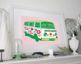 Christmas Holiday Retro Vintage Volkswagen Van Illustration Print