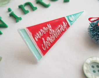 Merry Christmas Pennant Green Mint Red Acrylic Pin Brooch Badge