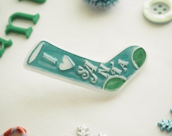 I Heart Santa Stocking Green Teal Acrylic Pin Brooch Badge