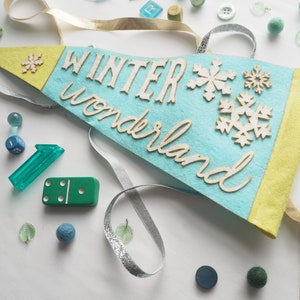 Winter Wonderland Felt Pennant Lime Green Blue Teal and White image 2