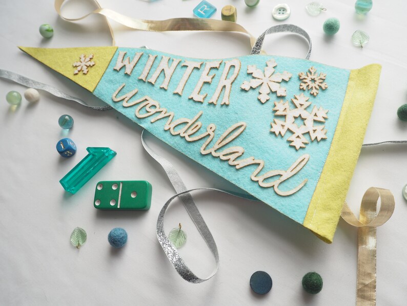 Winter Wonderland Felt Pennant Lime Green Blue Teal and White image 2