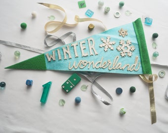 Winter Wonderland Felt Pennant Green Blue Teal and White