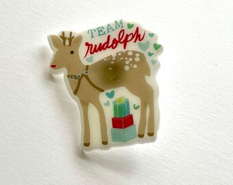 Reindeer with Presents Team Rudolph White Acrylic Pin (tack back with rubber stop)