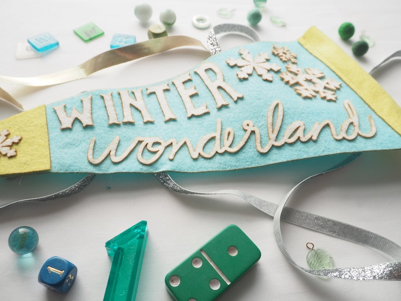 Winter Wonderland Felt Pennant Lime Green Blue Teal and White image 4