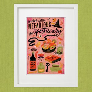 May include: A pink and orange illustration of a witch's apothecary with the text "Wicked Witch Nefarious Apothecary". The illustration includes a cauldron, potions, a book, a key, a frog, and other witchy items.