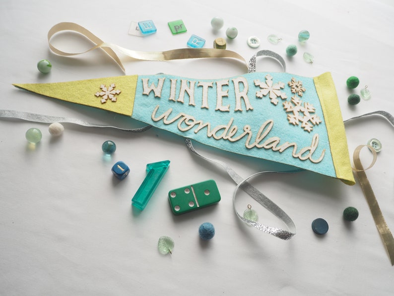 Winter Wonderland Felt Pennant Lime Green Blue Teal and White image 3