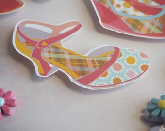 Retro Daisy and Plaid Kitten Heel Sticker 3.125" x 2.5"