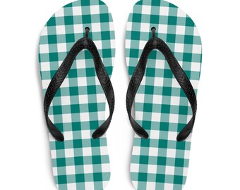 Pine Green Gingham Flip Flops, Soft Fabric Lining & Rubber Sole, Perfect Summer Beach Wear, Ideal Gift for Travelers