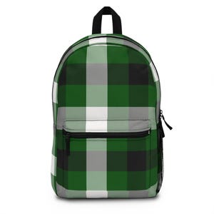 Plaid Green Backpack, Checkered School Bag, Tartan Travel Knapsack, Picnic Daypack, Lumberjack Camping Rucksack