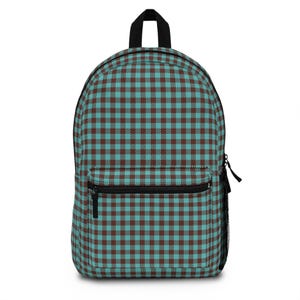 Gingham Teal Brown Backpack with Front Pocket & Adjustable Straps, Lightweight Casual School Bag, Trendy Checkered Design for Women, Teens