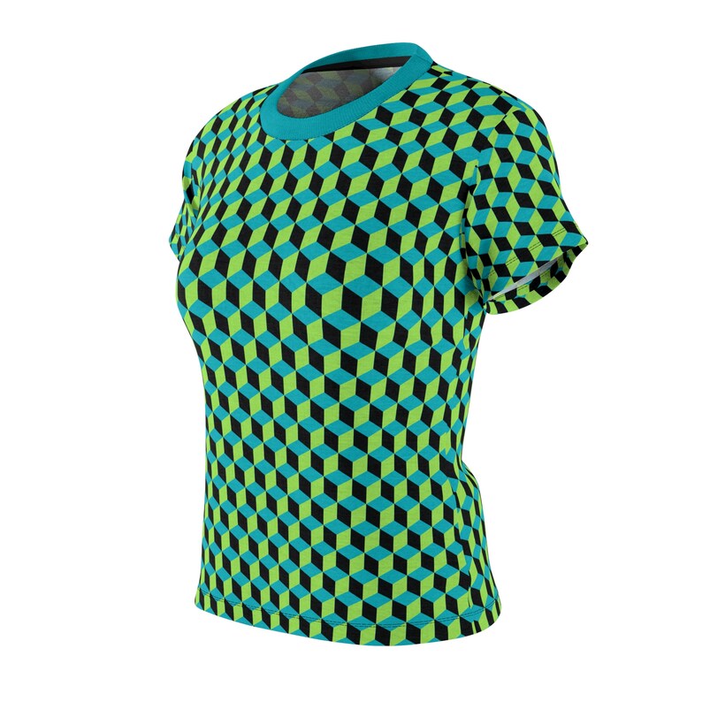 Cubed Blue Green Black Women's Tee, Stylish Polyester Shirt, Casual Tee, Gift for Her image 8