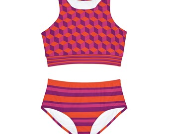 Colorful Cubes Stripe Sporty Bikini Set, High-Waisted Athletic Swimwear, Perfect for Water Sports, Ideal Gift for the Active Woman