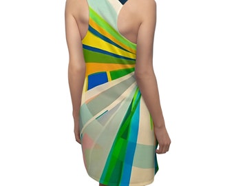 Women's Racerback Dress - Green & Yellow Ray Print, Comfortable Polyester, Sporty Fit - Ideal Gift for Her