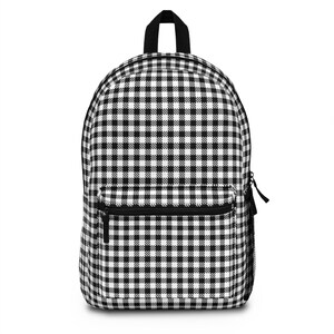 Black White Gingham Backpack, Checkered Bag, Plaid Rucksack, Monochrome Backpack, Classic Schoolbag, Stylish Travel Pack