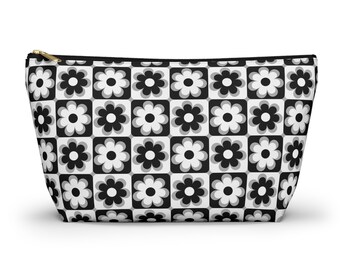 Black and White Flowers Mosaic Cosmetic Bag, Strong Zippered T-bottom Pouch, Ideal Gift for Travelers