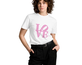 Luxury Pink Gingham LoveT-Shirt, 100% Combed Cotton Unisex Top, Perfect Casual Wear, Ideal Gift for All