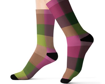 Pink Green Plaid Sublimation Socks - Comfy Cushioned Bottom Socks, Chic Office to Party Wear, Unique Unisex Gift