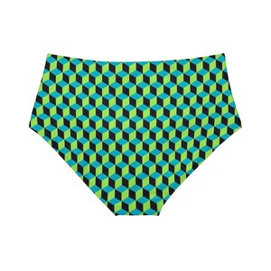 High-Waist Hipster Bikini Bottom, Stretchy Green Blue Black Cube Design, Comfortable Swimwear, Unique Gift for Her image 2