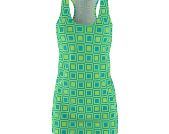 Chic Geometric Racerback Dress, Women's Green Blue Squares Pattern, Stylish Athletic Fit Summer Attire, Gift for Her