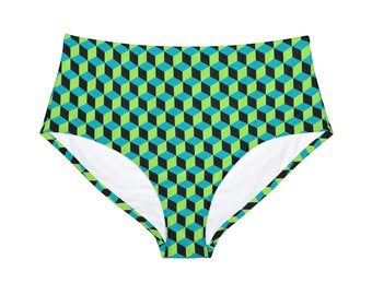 High-Waist Hipster Bikini Bottom, Stretchy Green Blue Black Cube Design, Comfortable Swimwear, Unique Gift for Her