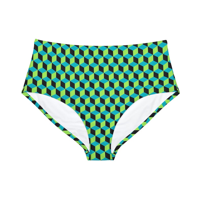 High-Waist Hipster Bikini Bottom, Stretchy Green Blue Black Cube Design, Comfortable Swimwear, Unique Gift for Her image 1