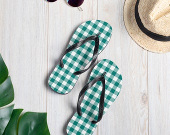 Pine Green Gingham Flip Flops, Soft Fabric Lining & Rubber Sole, Perfect Summer Beach Wear, Ideal Gift for Travelers