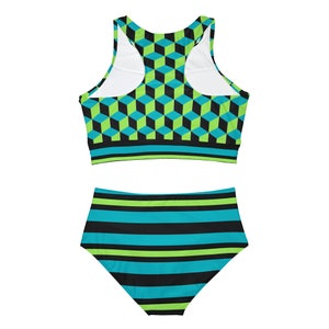 Athletic Full-Coverage Bikini Set Cubes and Stripes Pattern, Sporty High-Waisted Swimwear, Ideal for Active Beachgoers image 3