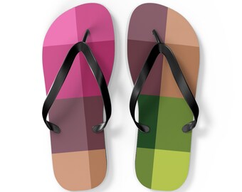 Chic Pink and Green Check Flip Flops - Comfy Cushioned Summer Sandals for Beach Days