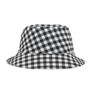 Kapelusz typu bucket hat w kratkę gingham czarno-biały | Czarne przeszycia | Rozmiary S i M | Modny letni dodatek | Modny kapelusz na zewnątrz