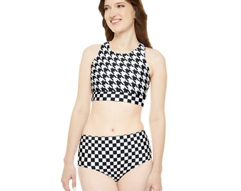 Chic Houndstooth High-Waist Bikini - Athletic Black and White Swimwear for Summer Fun - Fashion Gift for Her