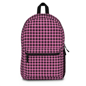 Gingham Pink Black Backpack - Stylish School Bag for Girls, Women's Travel Knapsack, Checkered Daypack, Trendy Rucksack, Fashionable