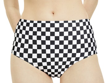 Black and White Check Bikini Bottom - High-Waisted Hipster Cut, Trendy Swimwear for Beach Vacations and Poolside Gifts