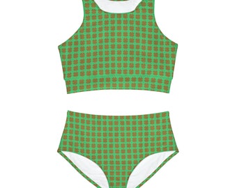 Emerald Green & Golden Clovers Bikini Set - Sporty Chic Swimwear for Beach Fun, Perfect St. Patrick's Day Gift